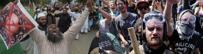 Courtesy of AAMIR QURESHI/AFP/Getty Images & CNN. (left) Supporters of Pakistani party Ahle Sunnat Wal Jamaat & (right)Antifa members at a protest.