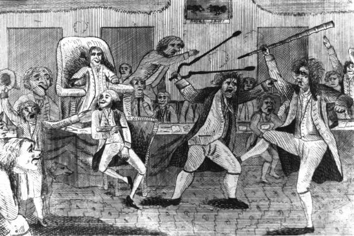 Cartoon depiction of Lyon-Griswold violence in the U.S. Congress. Lyon on the left yielding fire tongs and Griswold on the right brandishing a cane.