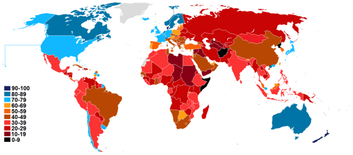 Transparency International's world corruption map. Licensed under Creative Commons Attribution-Share Alike 4.0
