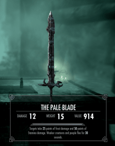 The Pale Blade. Weapon is leveled, so damage values will vary according to perks, abilities of character etc.