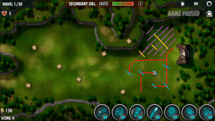 Maze Visualization: Red lines make up your wall towers, primarily MG turrets with flamer positioning marked with blue lines. Purple lines mark the safe zone for the other more vulnerable turrets. Yellow lines mark the placement of comms used.