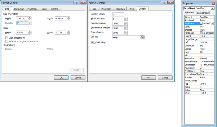 Configurable options available for Scroll Bars in Excel 2007 and Excel 2010. Options available for Form Controls are on the left and in the middle. ActiveX Control bars have all three available to them.