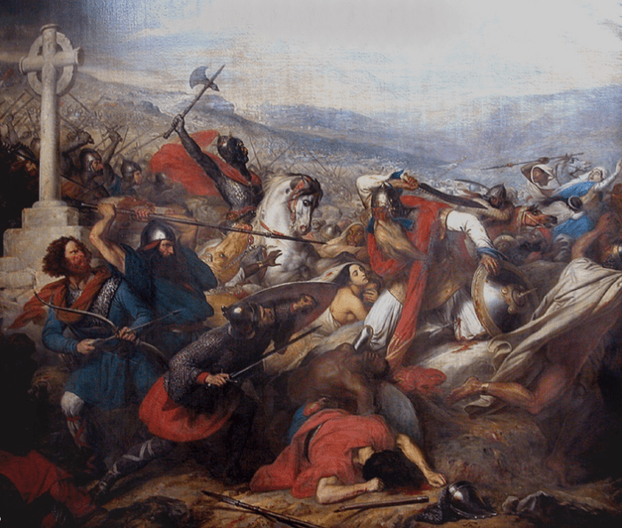 This stunning painting by Charles de Steuben depicts Charles Martel, leader of the Franks facing Abdul Rahman leader of the Moors.
