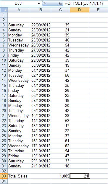 Example of how to use the OFFSET function in a formula in Excel 2007 and Excel 2010.