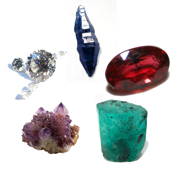 The five cardinal gems of antiquity. Clockwise from top: Sapphire, Ruby, Emerald, Amethyst, Diamond.