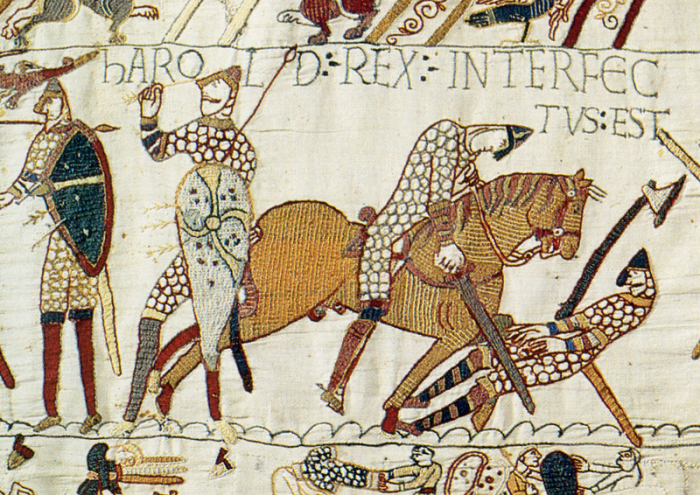 A scene from the Bayeux Tapestry depicting Harold Godwinson being struck in the eye by an Norman arrow.