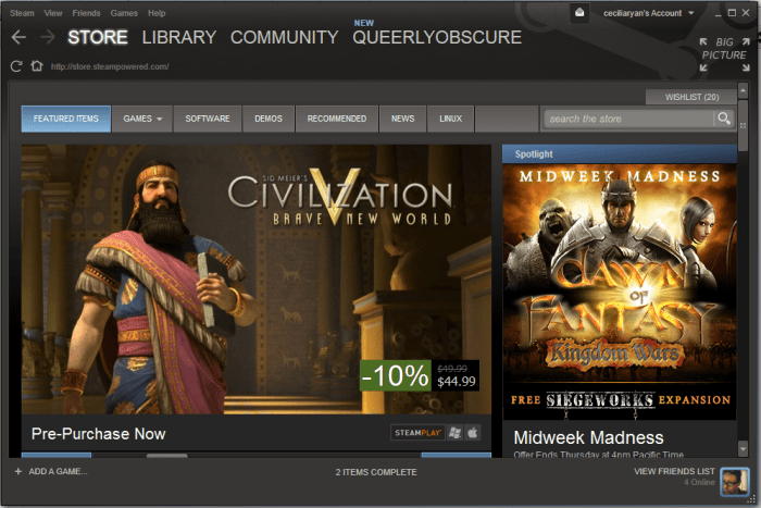 Die Steam-Store-Seite. Dies ist der Startbildschirm von Steam.