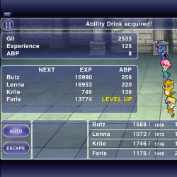 Screencap from the iOS remake of FFV, which is the GBA version redrawn. What, Faris only NOW learned to drink?