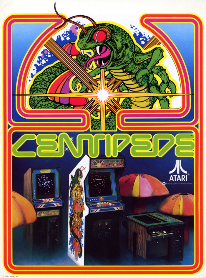 A flyer for Centipede (1980) showcasing different cabinet styles. From left to right: cabaret, upright, cocktail.