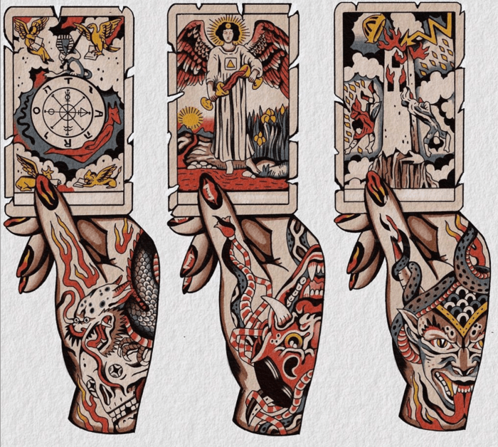 Caige Baker is an expert tattooist who often works with tarot imagery. Her tattoos are worth traveling to Calgary, Alberta for. Find her on instagram.com/caigebaker/