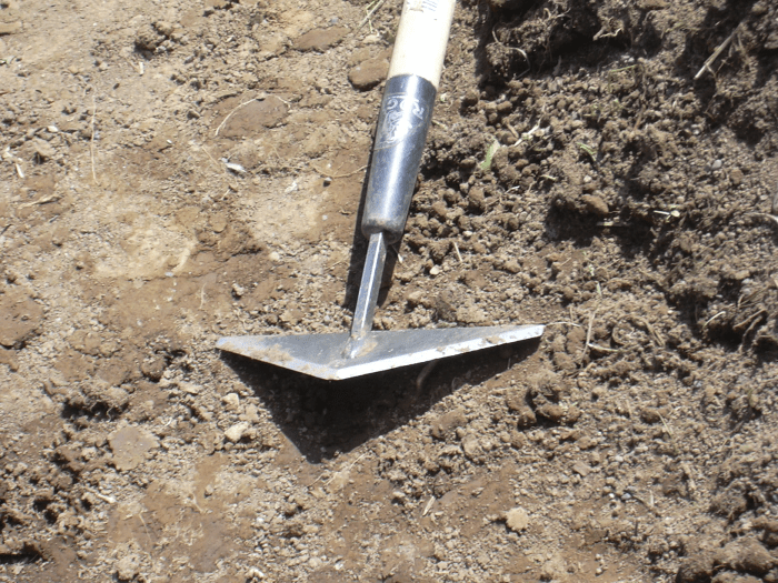 Rogue 80S Scuffle Hoe - A triangle hoe sharpened on all 3 sides, canted at an angle to use as a push-pull weeder. It took me several tries to learn to use it effectively.