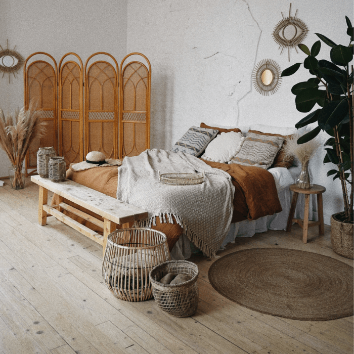 In a bedroom, mirrors offer the illusion of space and light and natural materials and textiles give the space life and energy.