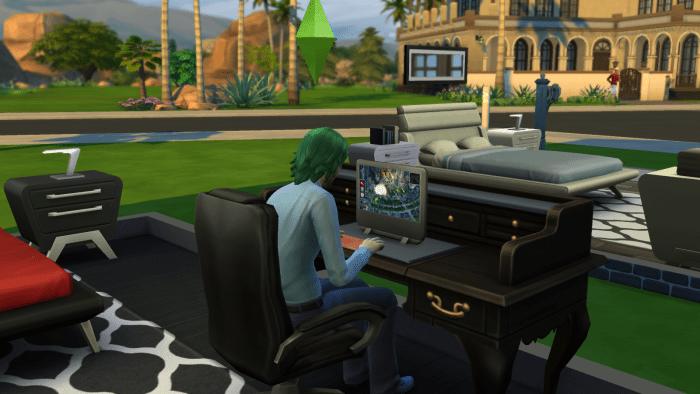 A sim playing a video game on The Sims 4. Just like real life, you actually CAN make money doing this... though you really need to commit yourself.