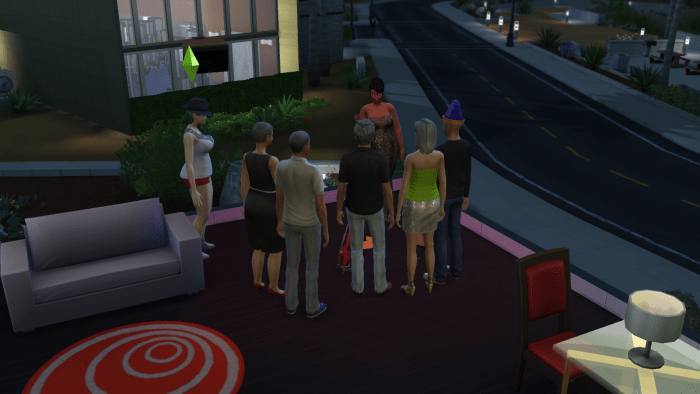 A sim performing standup in The Sims 4 using the Comedy skill. Sims who are successful at playing the audience can earn tips.
