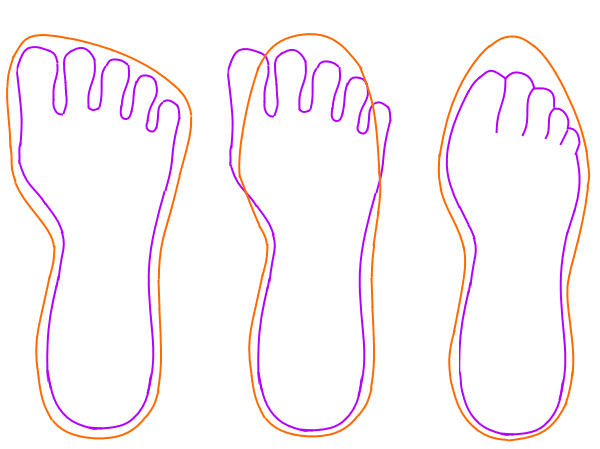 To check if a shoe fits, hold the sole of your left foot against the sole of a right shoe (or vice versa) and see if the shoe can contain shape of your foot print.