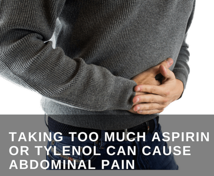 Taking too many aspirin and Tylenol capsules can cause pains, such as liver damage and internal bleeding from the stomach.