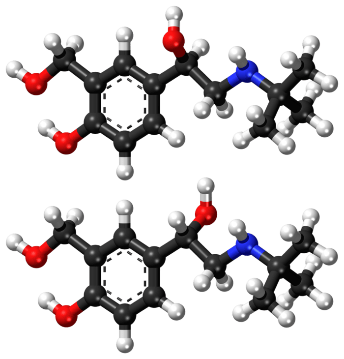 Structure of the two slightly different forms of salbutamol; carbon atoms are black, hydrogen white, oxygen red, and nitrogen blue