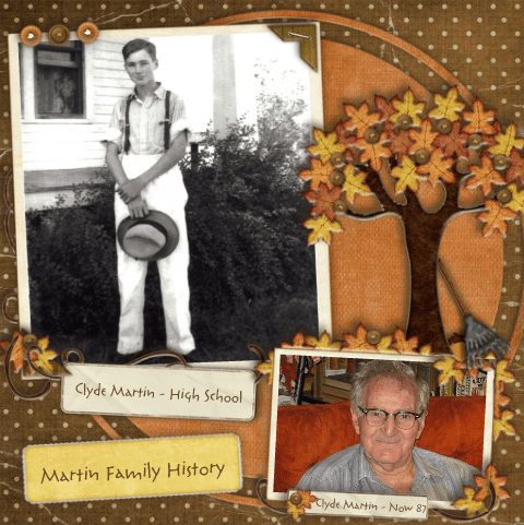 These photos of my father are nicely displayed with a scrapbook style. Scrapbook supplies like special paper and dimensional elements create a nice scene.