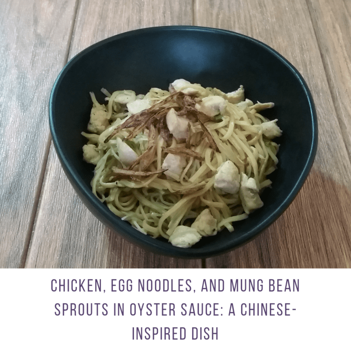 Learn how to make Chinese-style egg noodles with chicken and mung bean sprouts in oyster sauce.
