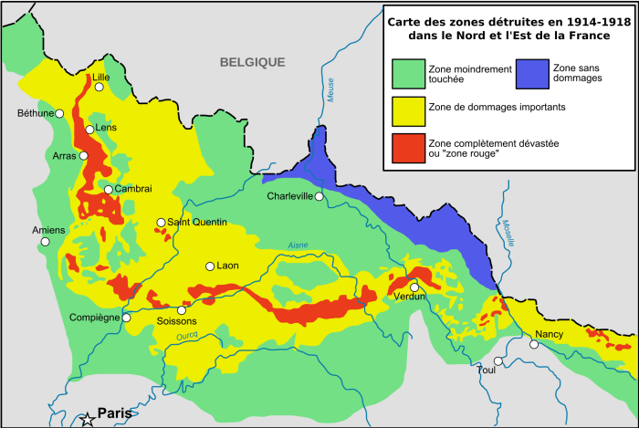 This map shows the areas the French Government have determined as destroyed after WW1. Red shows completely devasted while yellow, green and blue show areas that have been deemed moderately damaged or cleaned up enough to be returned to civilization