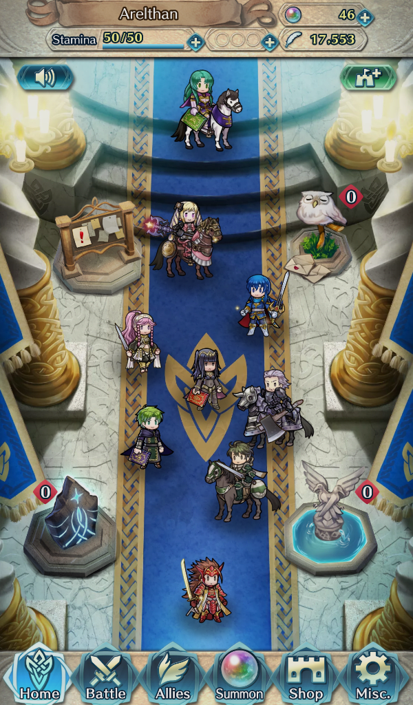 A picture of my castle in Fire Emblem: Heroes. You can see my Orb count at the upper-right corner of the screenshot.