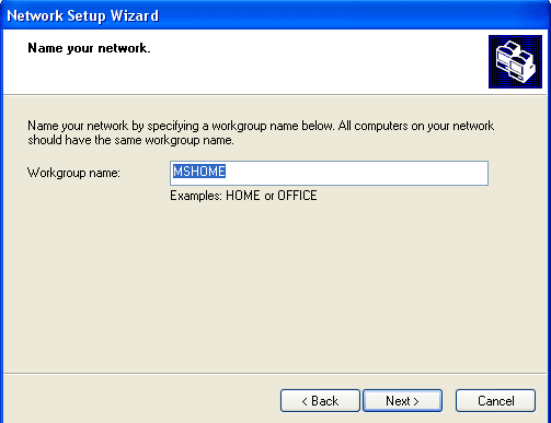 This next screen prompts you for your workgroup name. All computers inside of the same workgroup can interact with each other. Thus, it's important that every computer in your local area network have the same workgroup name.