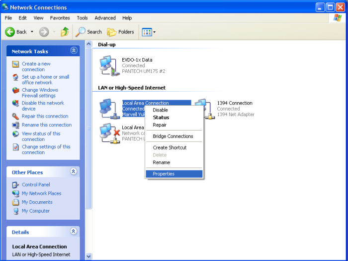 Next, you will find your Local Area Network in this window (hopefully, your Network Connections area is less cluttered than mine. :P). Right-clicking on it will bring out the dropdown menu. Click on Properties to continue.