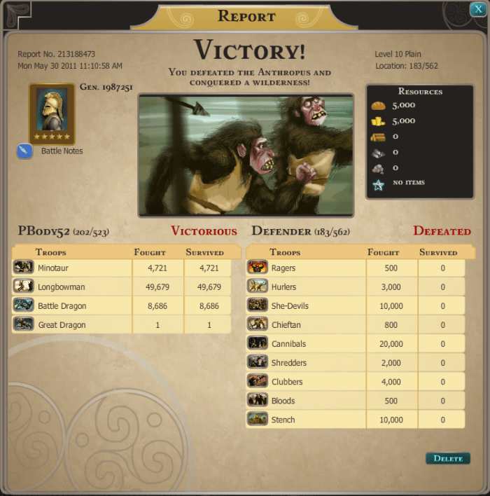 Here you can see what I attacked the level 10 Plain with and my results. The important information is in the number of monsters defending the Plain, so make sure you have enough troops to conquer the plain before sending your attack.