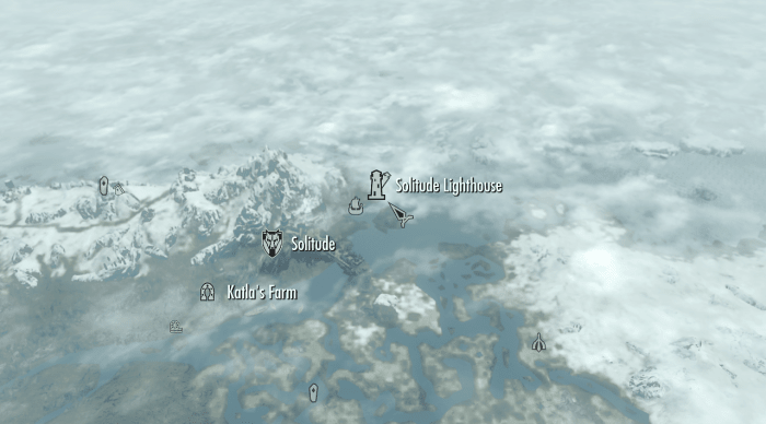 Solitude Lighthouse as seen on the world map with the capital city and nearby stables highlighted.