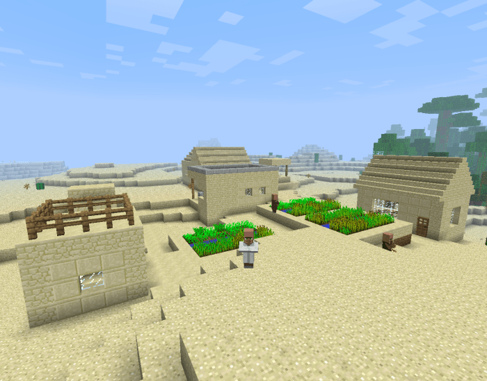 Villages always have a few wheat farms and houses inhabited by villagers.