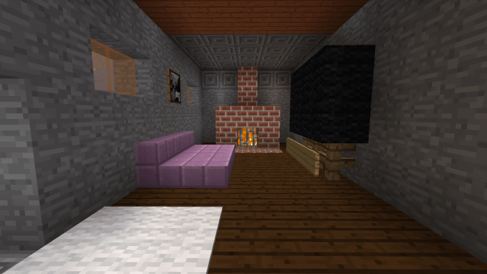 Building a fireplace, television, and couch makes a living room feel more complete.