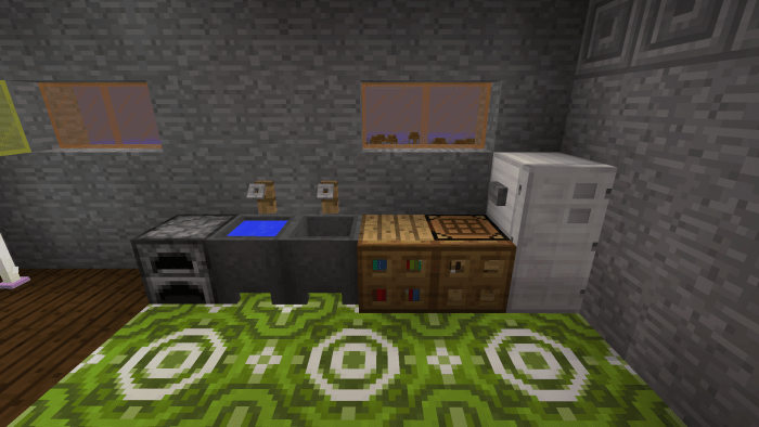 Using a furnace, cauldrons with water, and a hidden chest make kitchens functional.