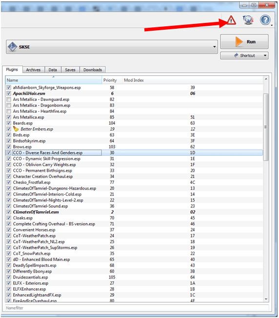 Mod Organizer will notify you when there are potential problems with your mods load order.