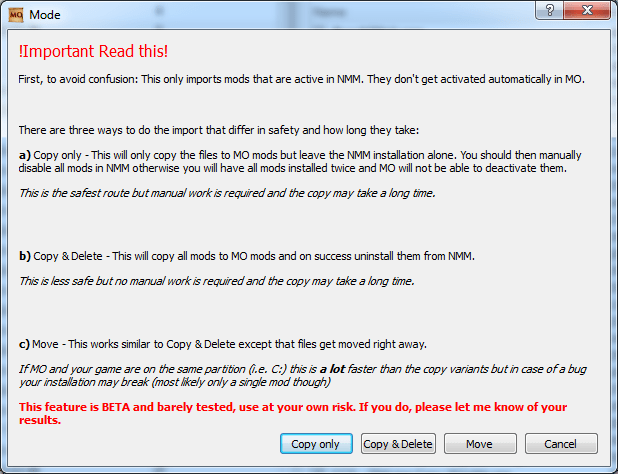 Dialogue box displayed while importing mods into Mod Organizer from Nexus Mod Manager.
