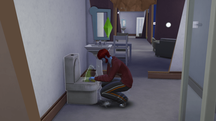 A sim cleaning a dirty toilet in The Sims 4. Yep, even in a video game you have to clean your toilets.