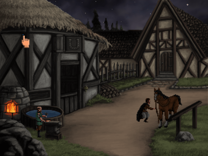 Roehm is up to no good in Quest for Infamy, preparing to release the blacksmith's horse as a diversion.