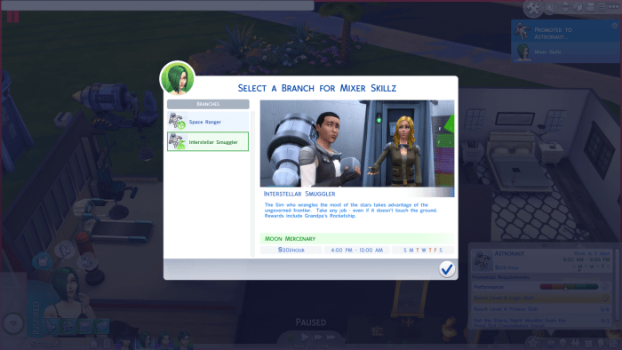 The Interstellar Smuggler job route in "The Sims 4," another branch along the Astronaut career path.