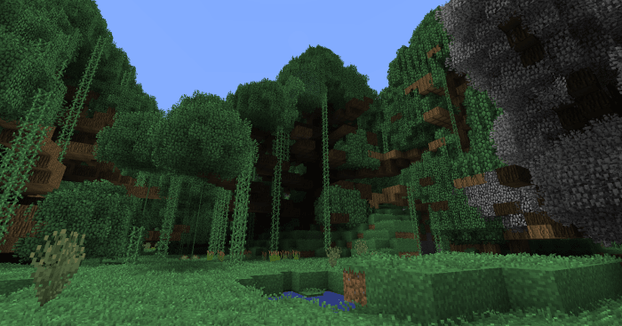 For the most part, the Biomes O' Plenty compatibility is wonderful, but in some cases the new trees can take over a zone that should be mostly clear, such as this grasslands biome.