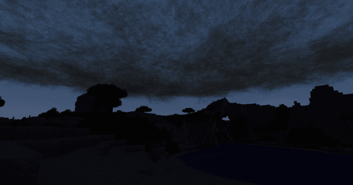 Most of the mod's effects work even better at night, such as when dark clouds completely hide the moon and stars.