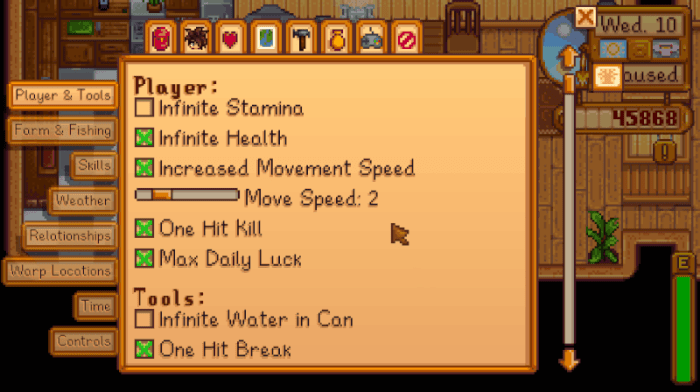 CJB Cheats Menu gives you full power over your "Stardew Valley" game! Don't let it go to your head. ;)