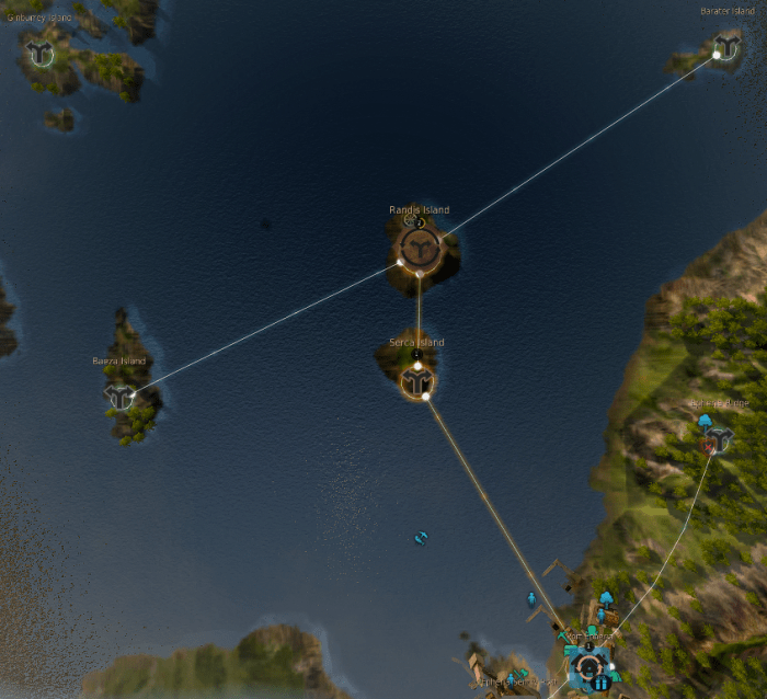 The islands that are connected with a line all have fishing nodes where your workers can collect dried fish.