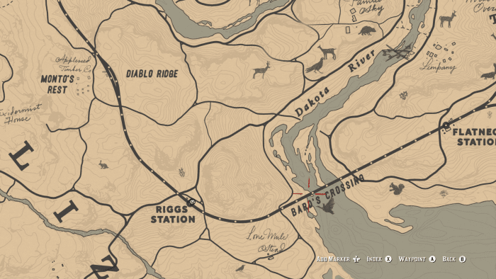 Place a Way-point here on Bard's Crossing as you exit Strawberry. When you get to Rigg's Station there is a possibility of a train being there. No sweat, just ride to the right and follow the tracks, you're going to head here anyway.