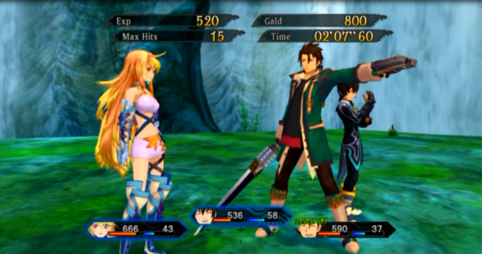 The battle victory screen. Here, character experience and gald is awarded to the party along with a brief bit of dialogue between characters.