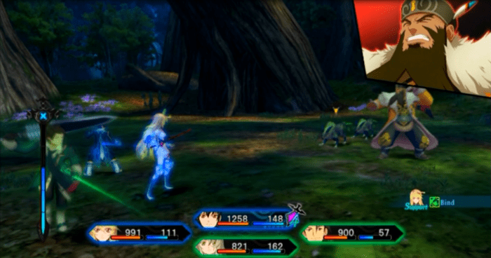 The party engaging in combat against Jiao of the Chimeriad. Note the party characters are linked with either a blue or green colour.