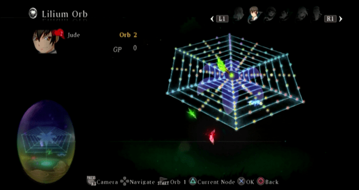 The Lilium Orb menu. Here, player characters can spend their awarded GP to improve characters' stats, skills and artes.