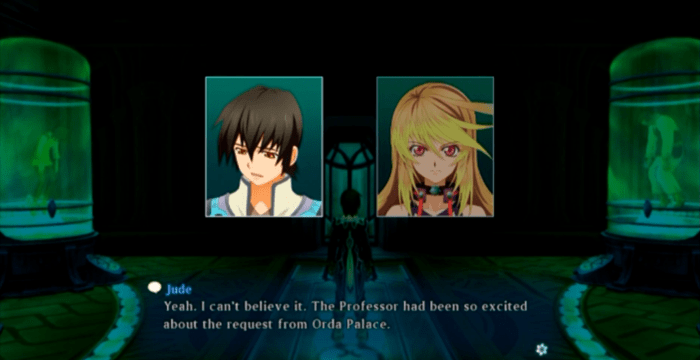 Jude and Milla engaging in an optional conversation known as a skit. Skits are used to relay additional information pertinent to characters or locations. Occasionally, they're also used to showcase humorous fan service moments.