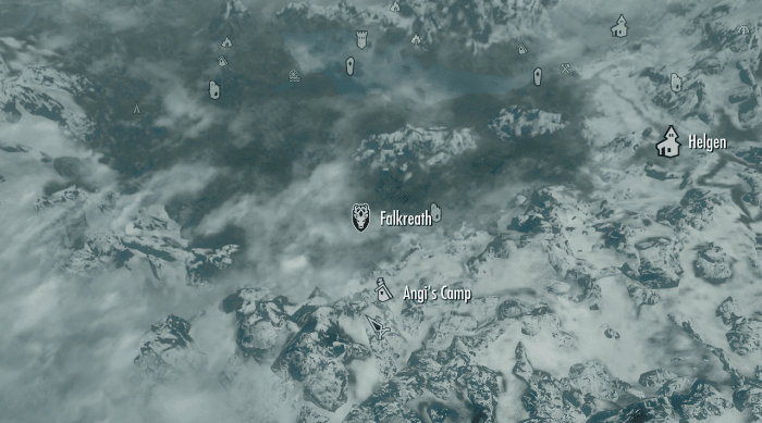 Angi's Camp as seen on the Skyrim world map with other nearby locations highlighted.