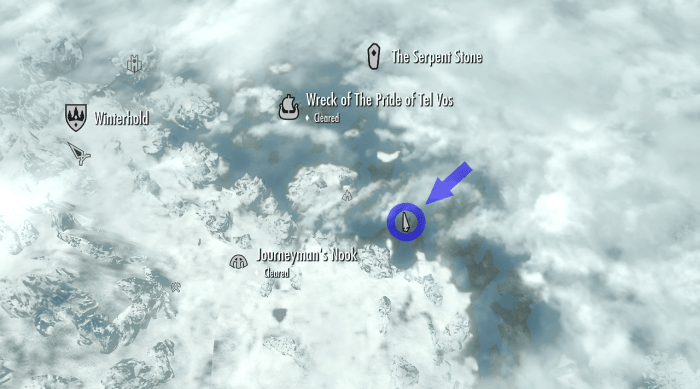 The unmarked secondary location where Treasure Map 8 is found on the Skyrim world map. Bleakcoast Cave is not highlighted but can be seen by the cave icon right next to the circle denoting the map's location.