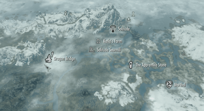 Dragon Bridge seen on the Skyrim world map with other nearby notable locations highlighted.
