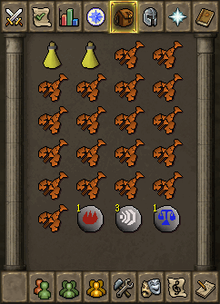 An example inventory for a F2P player, including good food for healing, strength potions to hit higher and teleport runes to leave quickly.